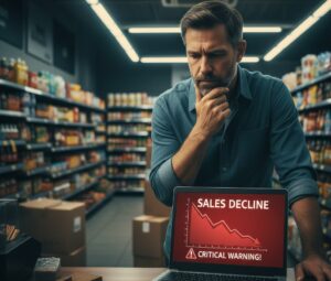 تصویری از یک نمودار فروش نزولی در لپ‌تاپ در کنار یک مغازه‌دار متفکر.